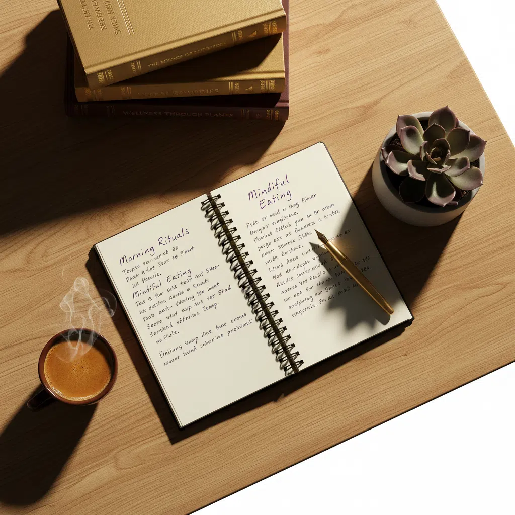 Winslow Nutrition editorial workspace: notebook, espresso, and nutrition reference books